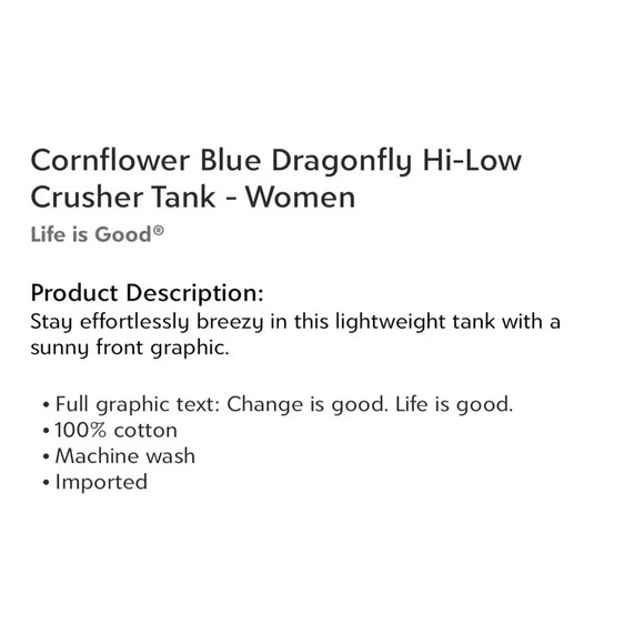 Life is Good Cornflower Blue Dragonfly Hi-Low Size MED Crusher Tank Women NWT - Picture 3 of 12